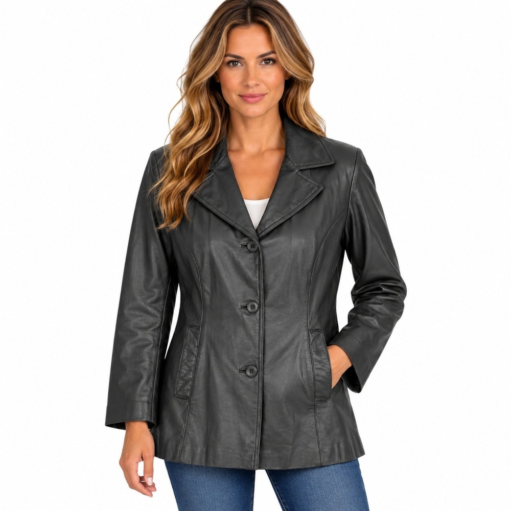 Wilsons Maxima Leather Jacket Women Large Black 3 Button Blazer 90s Vintage